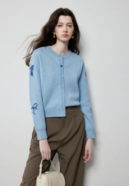 Bow Jacquard Cardigan Women Autumn Viscose Knit Office Style