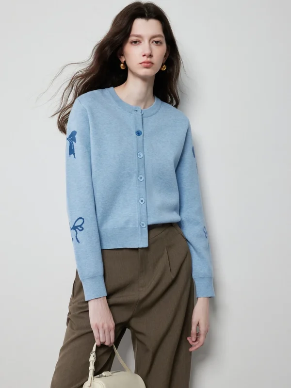 Bow Jacquard Cardigan Women Autumn Viscose Knit Office Style