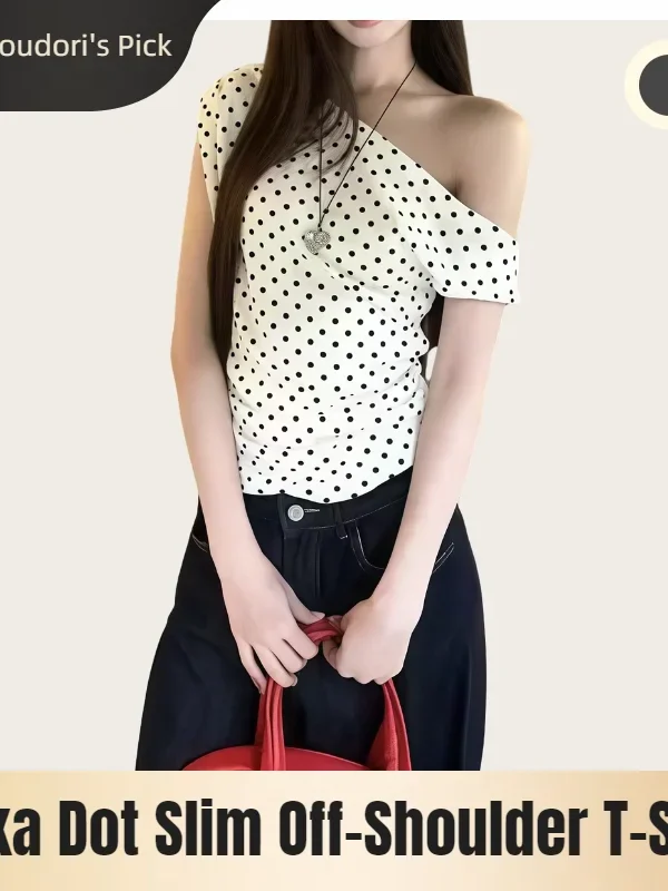 Chic Retro Polka Dot Off-Shoulder T-Shirt for Summer Vibes