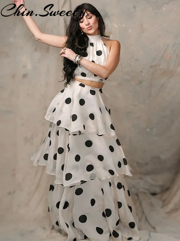 Chic Polka Dot Halter Crop Top & Ruffled Skirt Set