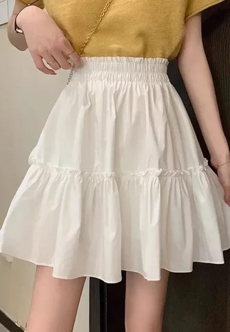 Elegant White A-Line Mini Skirt - Elastic Waist & Mushroom Trim