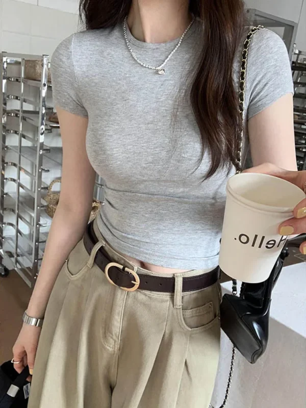 Basic Solid Crop Top Short Sleeve Crewneck  T-shirt Summer Casual Tee for Women y2k Vintage Top Harajuku Streetwear