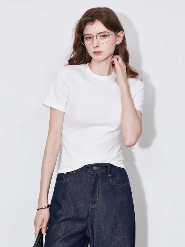 TOYOUTH Women Short Sleeve T-shirt  Spring New Lyocell Round Neck  Fit Versatile Short White Tops