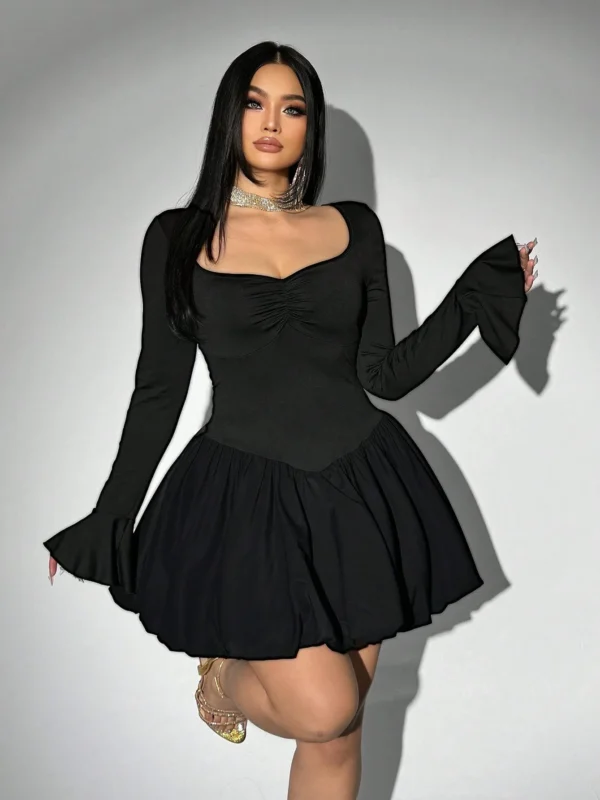 Flattering A-Line Dress - Winter V-Neck Ruffle Style
