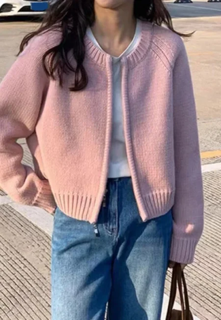 Gray Knit Zipper Cardigan Women Loose Fit Autumn Winter