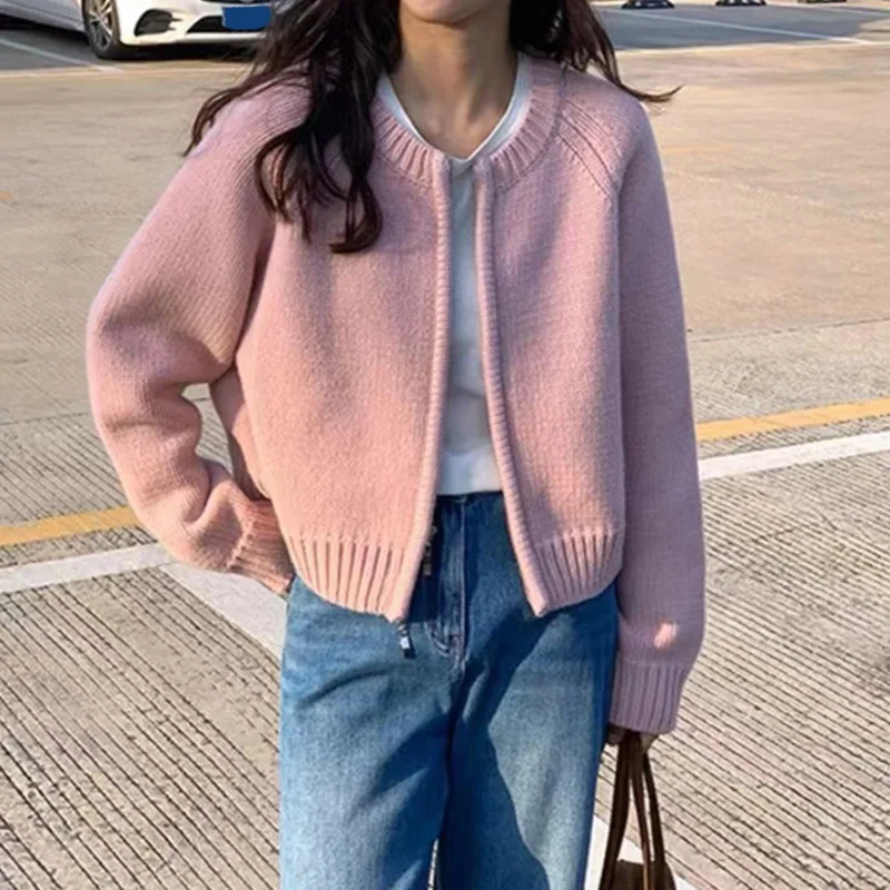 Kf-Sae8Cb6479020453A8A60B3B42B3556426 Gray Knit Zipper Cardigan Women Loose Fit Autumn Winter