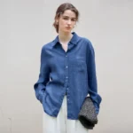 Vintage Linen Shirts Women Long Sleeve Button Up Turn Down Collar Casual Fashion Loose Blue Streetwear Office Lady Chic Blouse