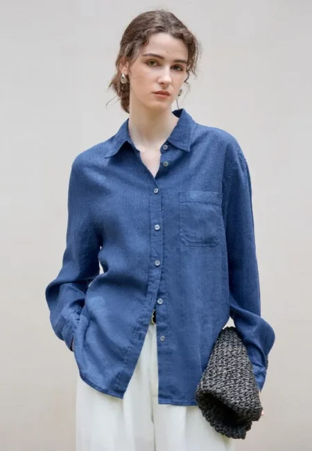Professional Blue Linen Blend Button-Up Blouse - Office Ready