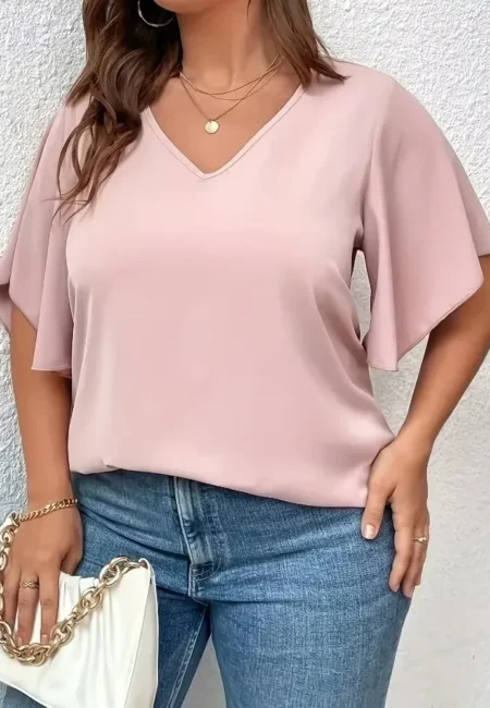 Flattering V-Neck Bell Sleeve Blouse - Curve Fit Polyester Top