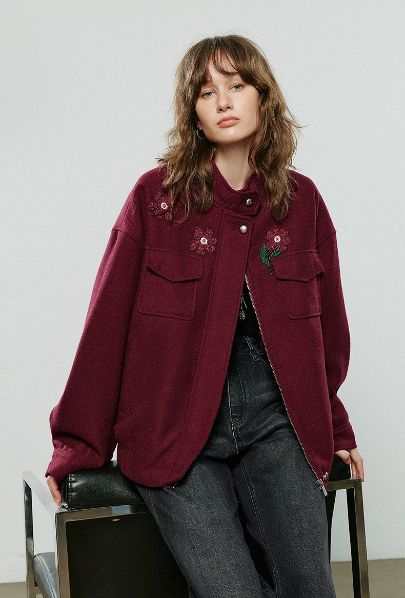 Kf-Sb0925455C04C45F1Befe58077C7E016Do Burgundy Floral Embroidered Zip Jacket - Elegant Winter Coat