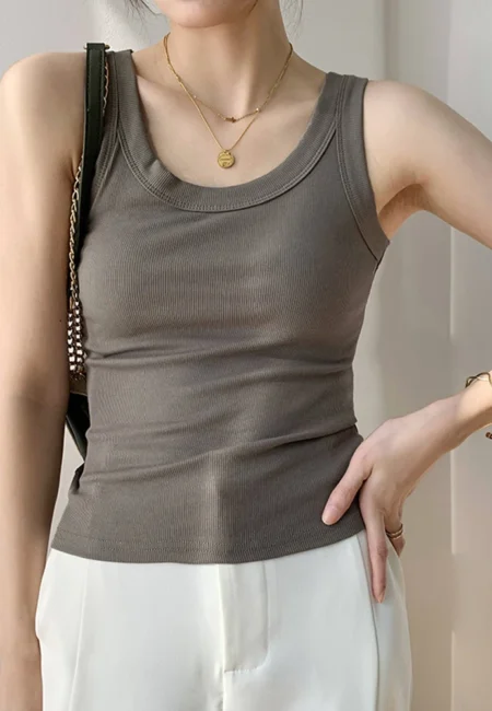 Plus Size Women's Korean Ribbed White Tank Top for Fall
