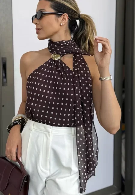 Vintage Polka Dot Halter Top - Backless Summer Party Blouse