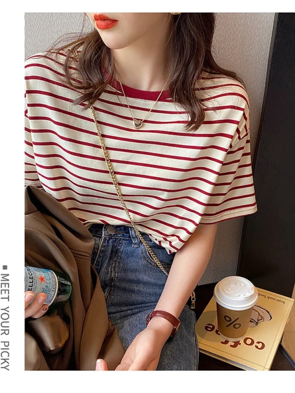 Summer  Women's Versatile ort Sve T-irt Loose Comfortable Thin Pure Cotton Striped Casual Top Breathable Sweat Abs...
