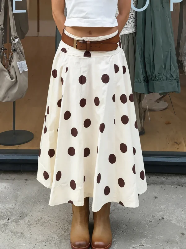 Combhasaki Women Summer Vintage Casual Polka Dot Print Side Zip-up High Waist Elegant Flowy Swing A-line Midi Skirts Streetwear