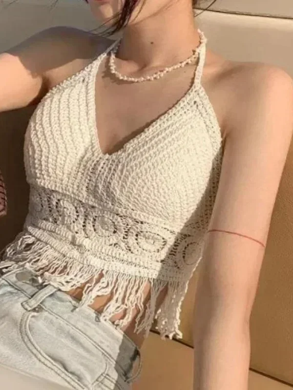 Crop Tops Retro Wild Hollow Perspective Tassel  Spaghetti Strap Tanke Top Women Built In Bra New Back Lace Halter Neck