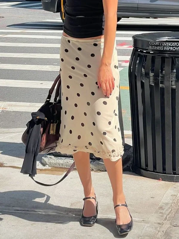 Women's Retro Polka Dot Black Fungus Edge Half Skirt Street Style Contrasting Color Versatile Mid-Waist A-Line Long Skirt