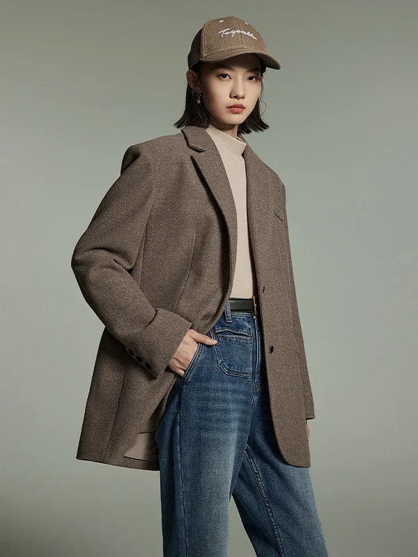 Toyouth Women Thick Warm Woolen Coat  Winter Long Sleeve Tailored Collar Loose Wide Shoulder Suit Jacket Fashion Outwear