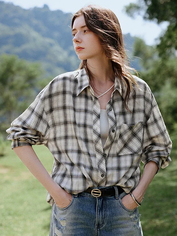 Retro Cotton Plaid Long Sleeve Blouse for Women