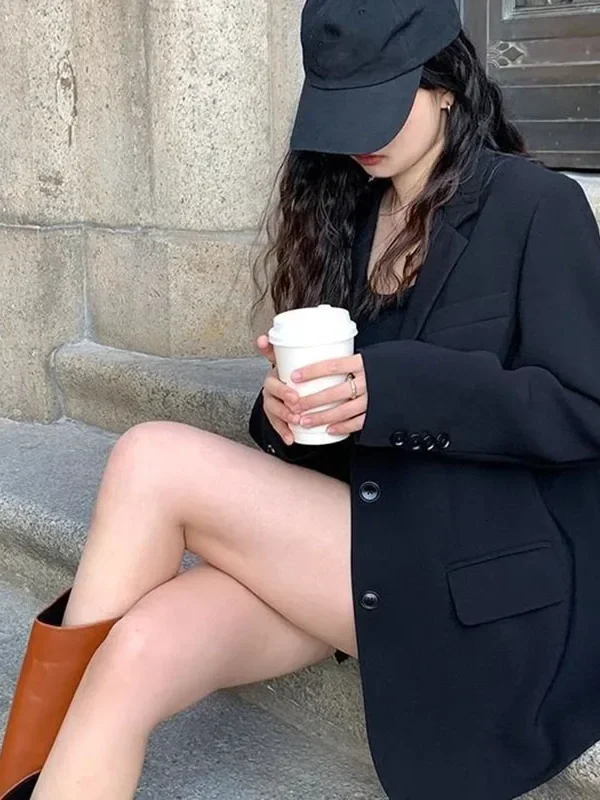 Autumn Winter Black Blazers for Women Fashion Streetwear Single-Breasted Small Suit Jacket Casual Loose Long Sleeve Outerwear