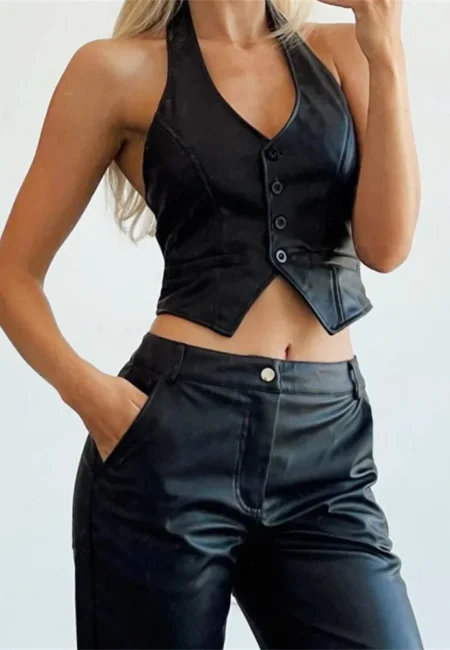 Gothic V-Neck PU Leather Waistcoat - Dark Academia Style Vest