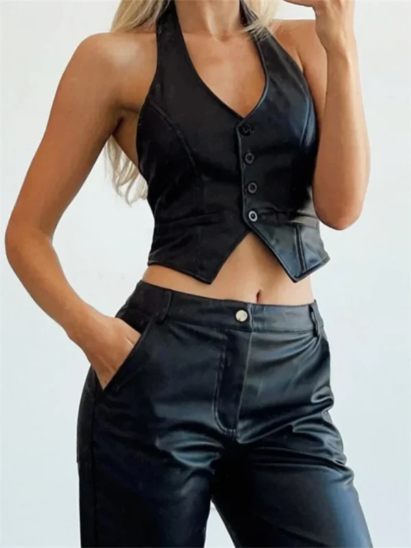 Gothic V-Neck PU Leather Waistcoat - Dark Academia Style Vest