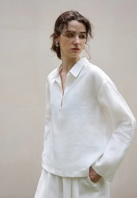 Premium Linen White Polo Blouse - Relaxed Fit Spring Essential
