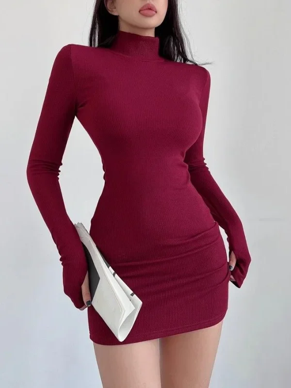 Chic Red Half Turtleneck Mini Dress for Stylish Fall Nights