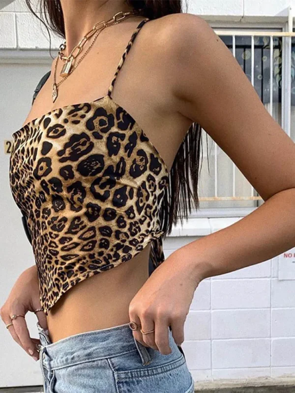 Leopard Pattern Women Tank Tops Backless  Rave Outfits Sleeveless Cross Lace Up Bralette Crop Top Summer Streetwear
