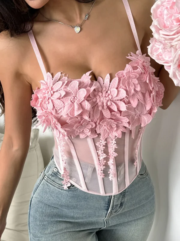 Pink Chic Gauze Flowers Crop Tops Women French Sweet Corset  Sleeveless  Halter Tank Top Ladies Camisole Shapewear Vests