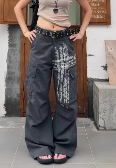 Dark Academia Cotton Cargo Pants - Wide Leg Button Detail