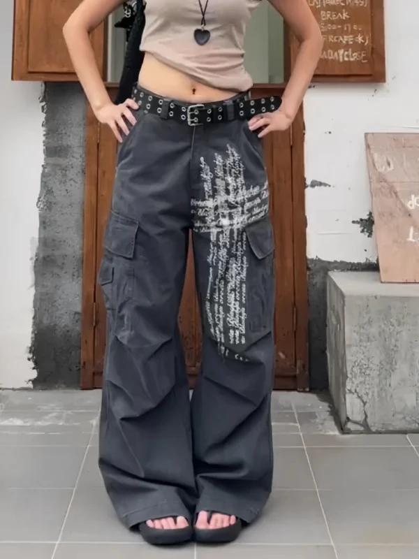Autumn Winter Women Dark Academia Y2k Long Trousers Baggy Low Rise Cargo Pants 2000s Wide Fit Cyber Punk Japanese Grunge