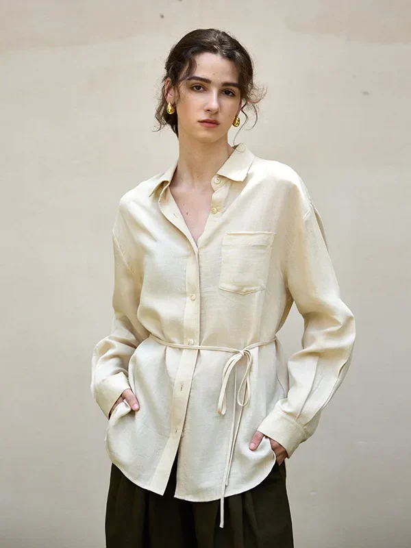 French Chic Linen Women Shirts Autumn Long Sleeve Turn Down Collar Single Breasted Casual Loose Fashion Office Lady Blouse Tops