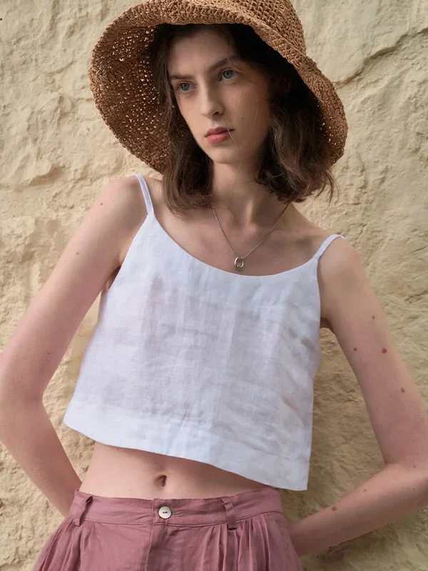 Chic Elegant Summer 100% Linen White Crop Tops  Sleeveless Beach Holiday Casual Loose Streetwear Female Camisole Tops
