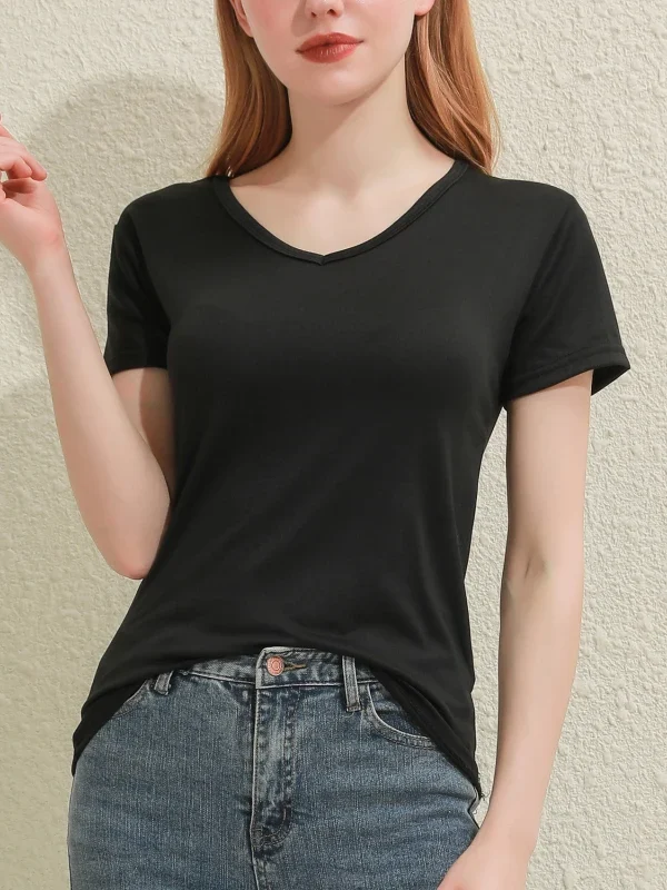 Short T-Shirts Summer Women's Short Sleeve Round Neck Casual Blouse Shirts Solid Color Tops Black / White