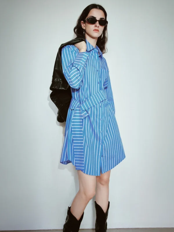 Moopsi 67 Sophisticated Dark Blue Striped Shirt Dress For Modern Women