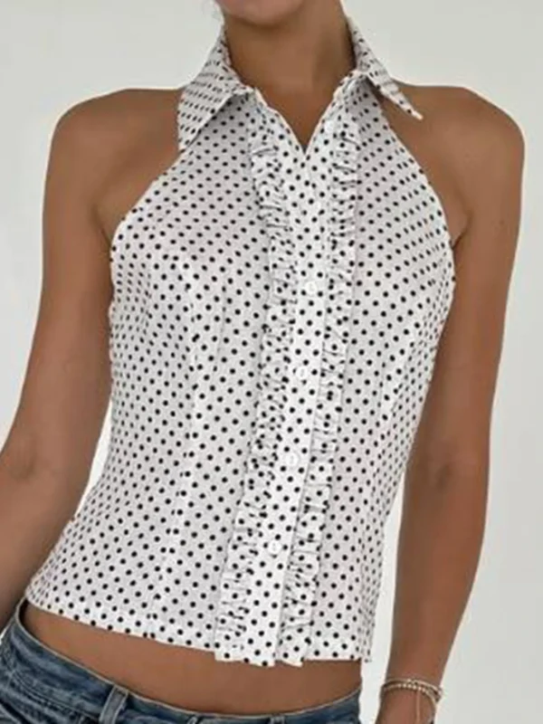 Halterneck Blusas Para Mujer Women's Button Down Shirt Casual Lapel V Neck Turn Down Collar Sleeveless Halter Tank Tops