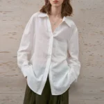 100% Linen White Shirt Women Lapel Cardigan Long-sleeved Solid Color Casual Loose High Street Fashion Chic Sun-protective Blouse