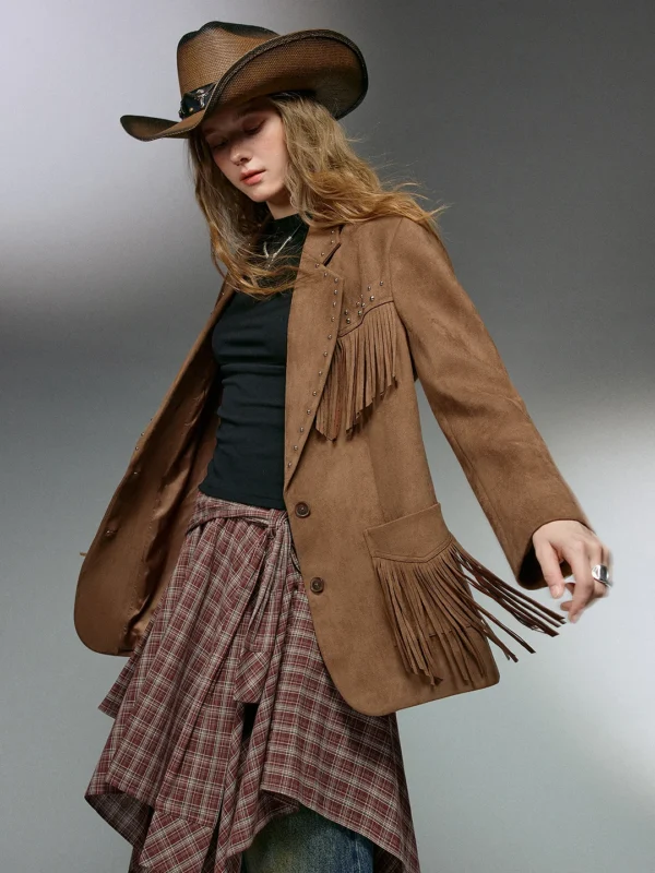 TOYOUTH Women Blazer  Autumn New Retro Nomadic Style Suede Tassel Bead Oversize Lady Suit