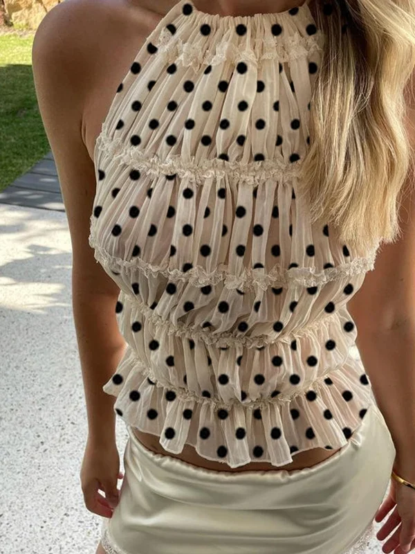 Boho Vacation Lace Trim Backless Crop Tops Polka Dot Elastic Halter Camis Women  Club Party Rave Y2k Sleeveless Tank Top