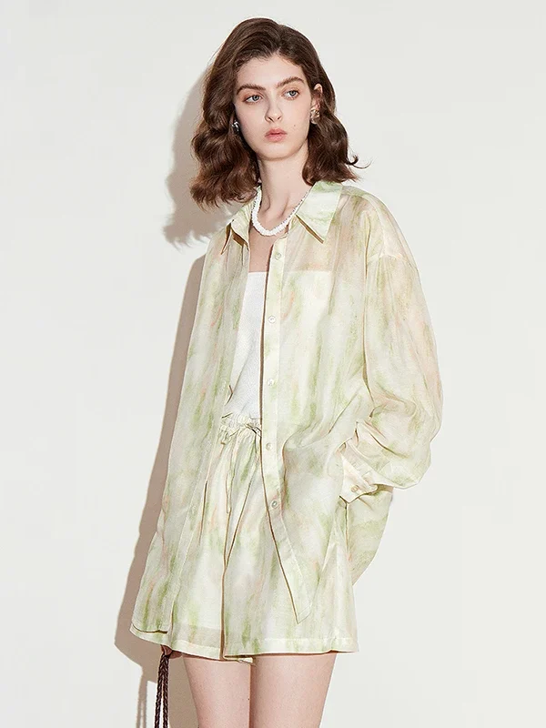 Light Green Tie-Dye Wide Leg Jeans with Elastic Waist