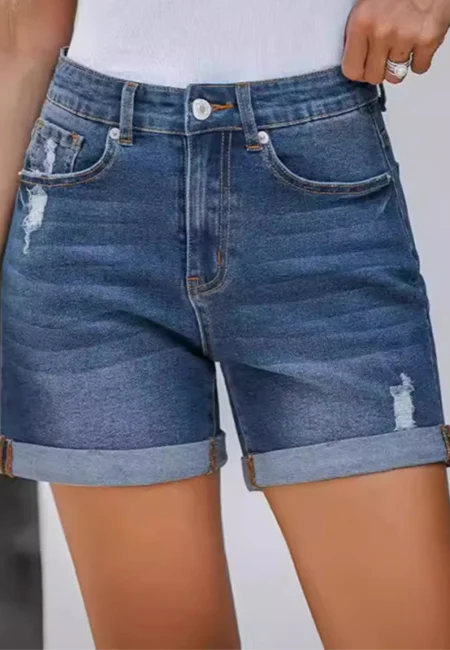 Deep Blue High-Waisted Denim Shorts with Button Fly & Hole Details