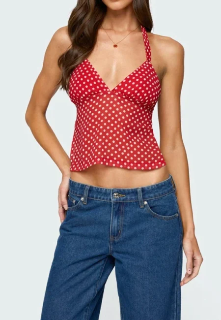 Vintage Polka Dot Halter Camisole - Sheer Backless Top for Summer