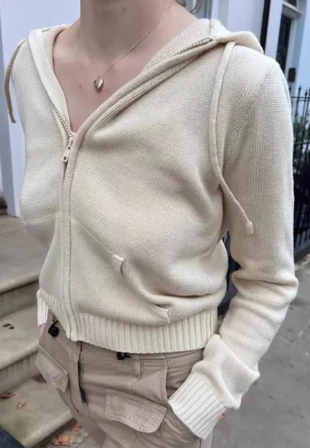 Sweet Cotton Hooded Zip Cardigan - Spring Crop Sweater