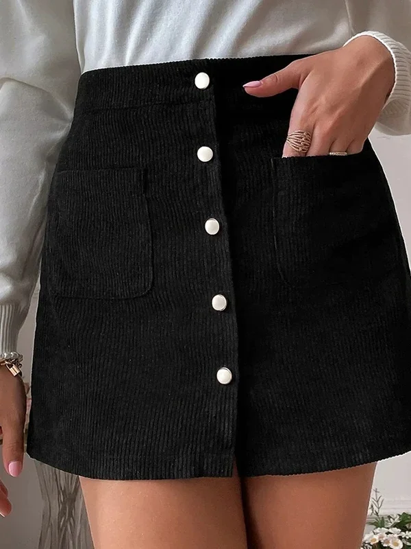 Moopsi 29 Elegant Vintage Corduroy Mini Skirt with Pockets for Women