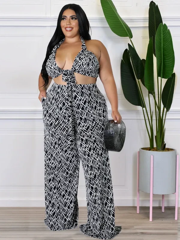 Chic Plus Size Summer Print Set with Backless Design