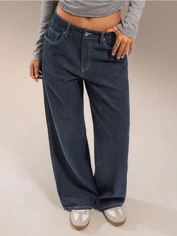 Comfy Women's Mid Waist Wide Leg Jeans - Casual Stripe Design