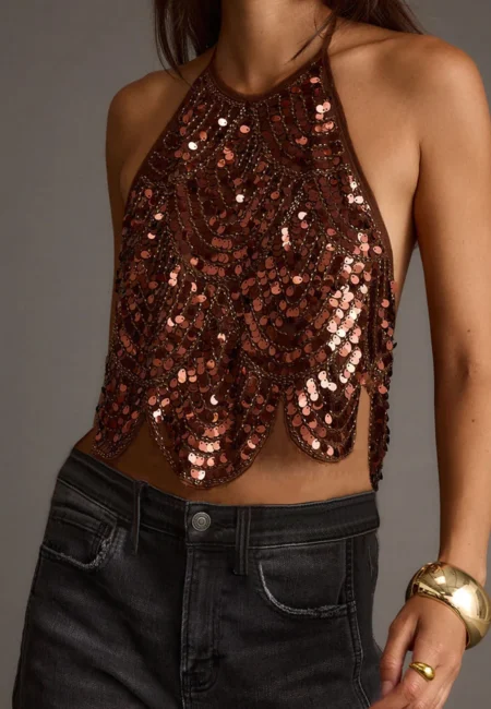 Dazzling Halter Sequin Crop Top - Backless Party Essential