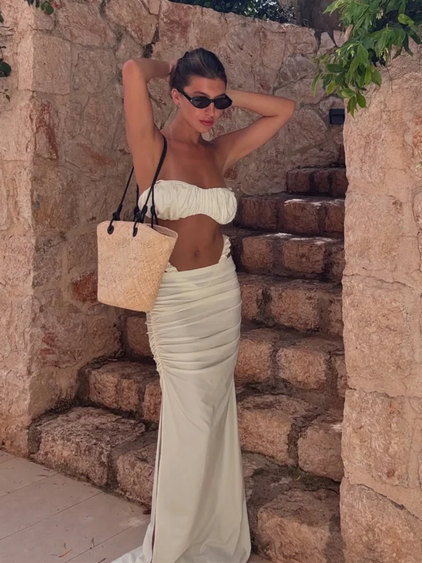 Chic Ruched Bandeau Bikini Set with Flowing High-Cut Skirt