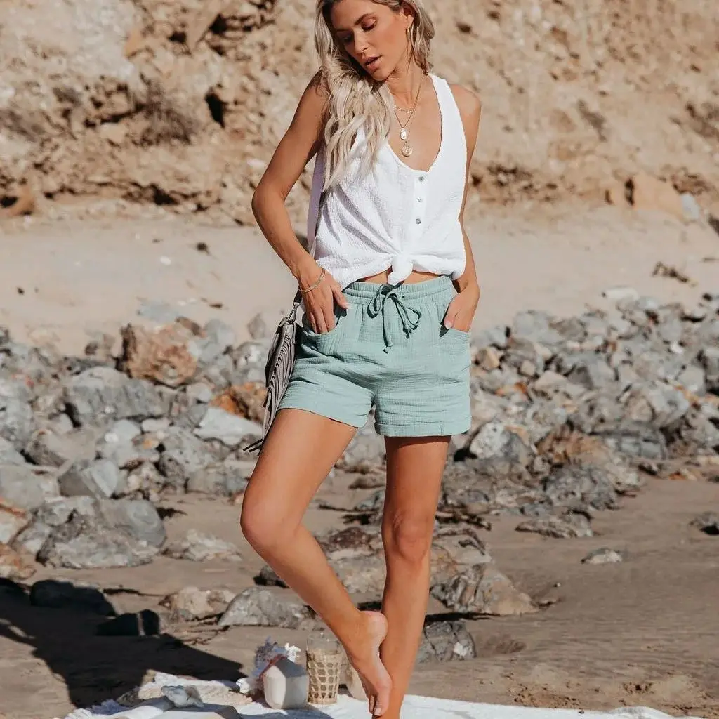 kf-Sdb7323da0b1b4638bb5874b22b065f30k Boho Cotton Shorts with Pockets - Soft Mid-Waist Summer Style