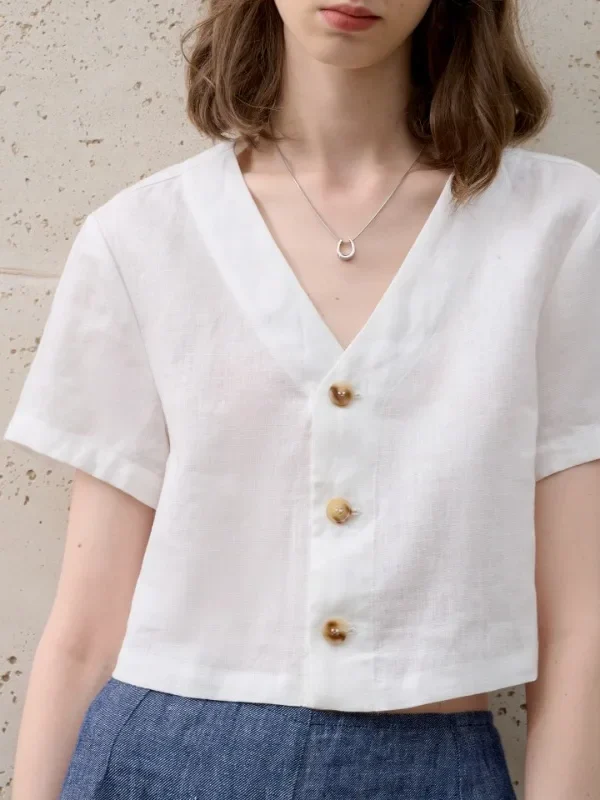 Vintage French Linen Short Sleeve Blouse for Summer Chic